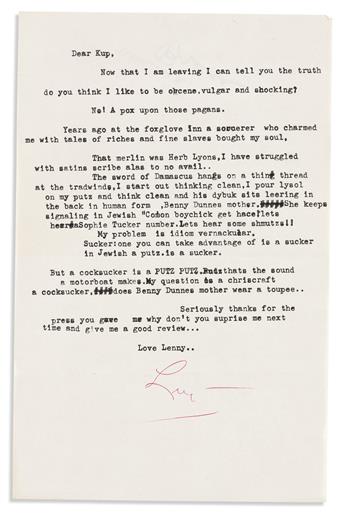 BRUCE, LENNY. Two letters, each Signed, to Sun-Times columnist Irv Kupcinet (Dear Kup), including an Autograph Letter and a Typed Let
